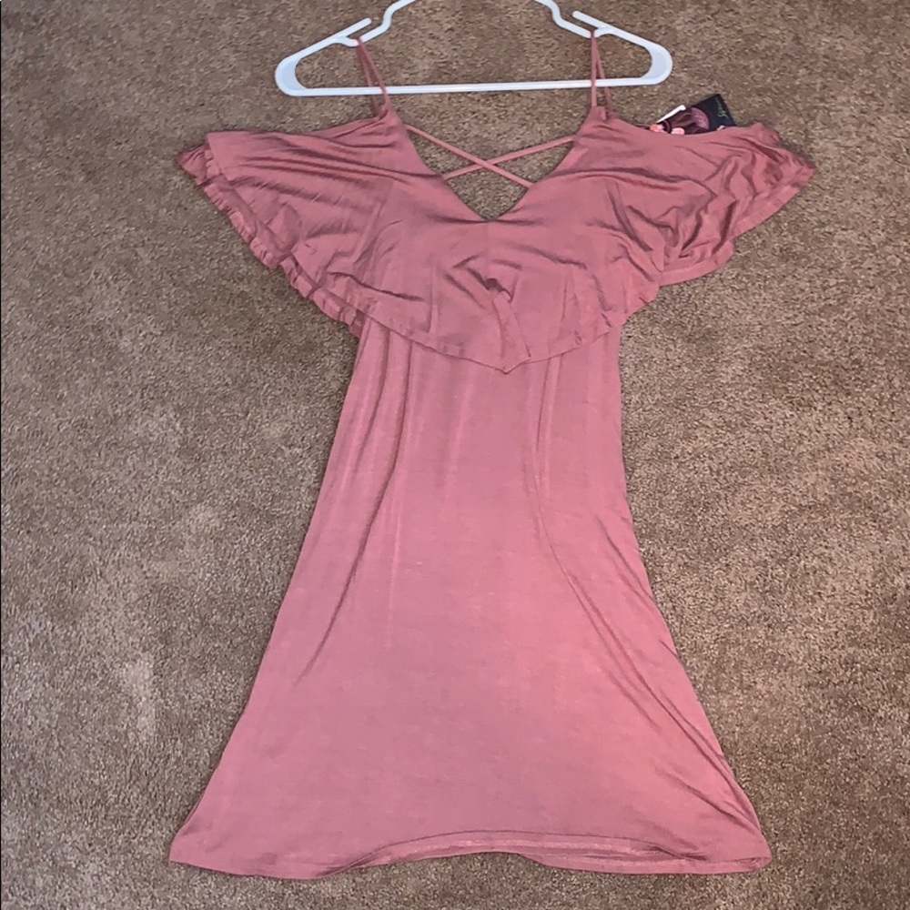 Off the shoulder single spaghetti strap pink dress